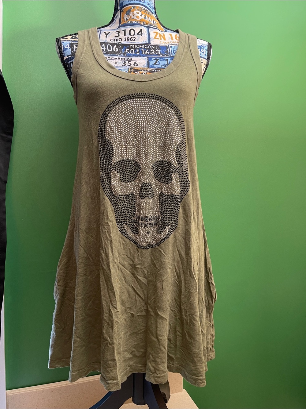 e.vil  Sz S Olive Green Skull Tank Dress/Tunic Tank Top with pockets!